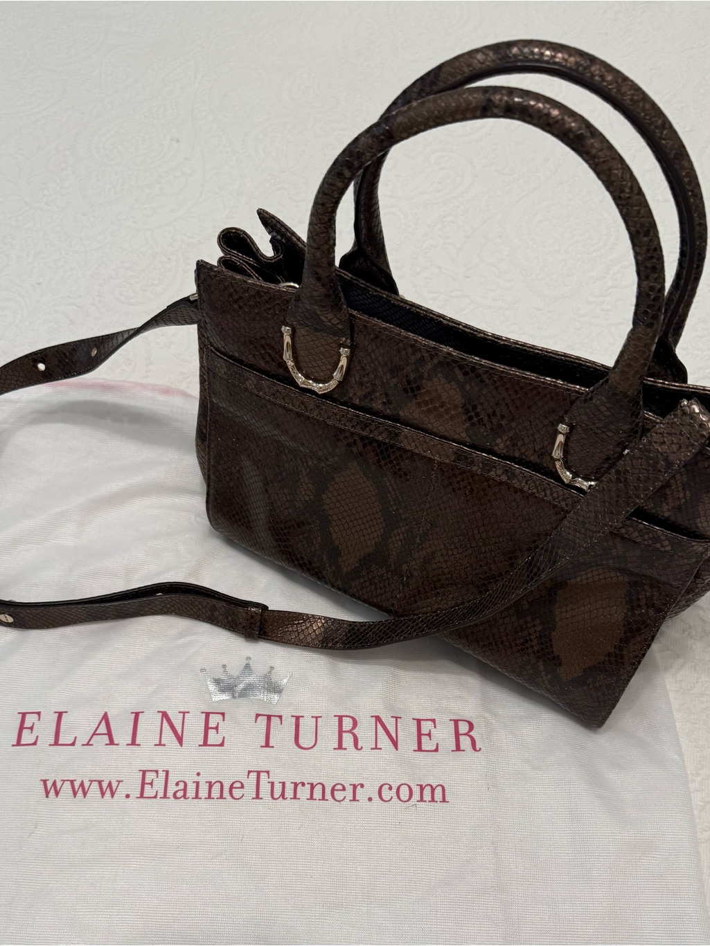 Elaine Turner Dark Brown Python-Embossed Shoulder Bag